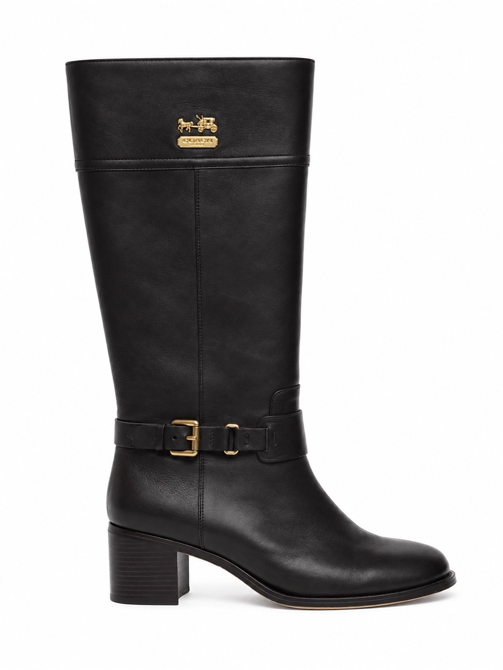 Coach Black Leather Mid-Calf Boot with Gold Accent